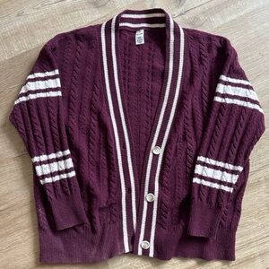 PINK Victoria's Secret Burgundy Cable-Knit Cardigan with White Stripes